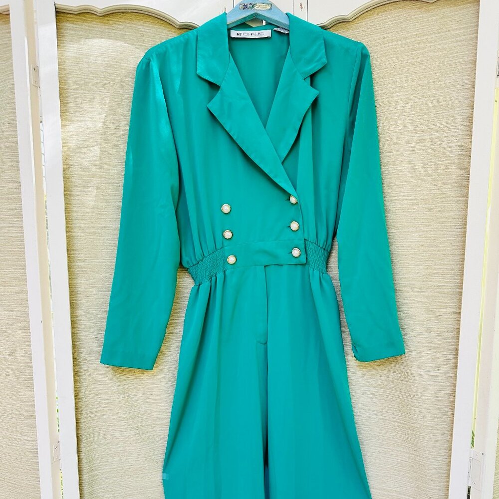 Vintage 80s Ms Chaus Emerald Double Breasted Jumpsuit Gold Pearl Buttons